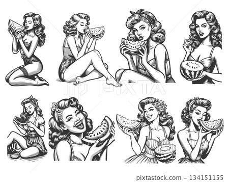 Pin-Up Girls Enjoying Watermelon set vector 134151155