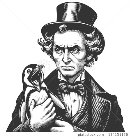 Man with Penguin engraving vector illustration 134151156