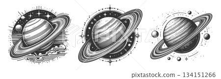 Saturn Planet engraving set vector collection 134151266