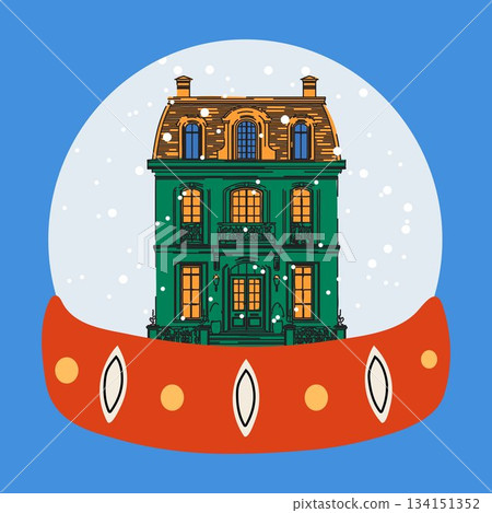 Winter Snow Globe with Green House and Snowfall Winter Snow Globe with Green House and Snowfall 134151352