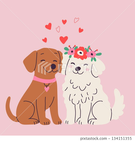 Adorable Couple of Dogs with Love Hearts and Floral Crown 134151355