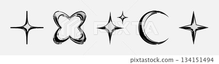 set, collection of metal chrome Y2k elements. pack of retro futuristic, geometric and brutalism forms, stars, sticker. Set of 3d geometric shapes, black and white elements for logo, card, poster	 134151494