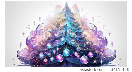 Fantasy enchanted Christmas tree glowing with magical sparkles, crystal ornaments, pastel blue-purple aura, whimsical fairytal style 134151498