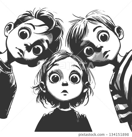 Curious Cartoon Children Looking Down in Surprise 134151898