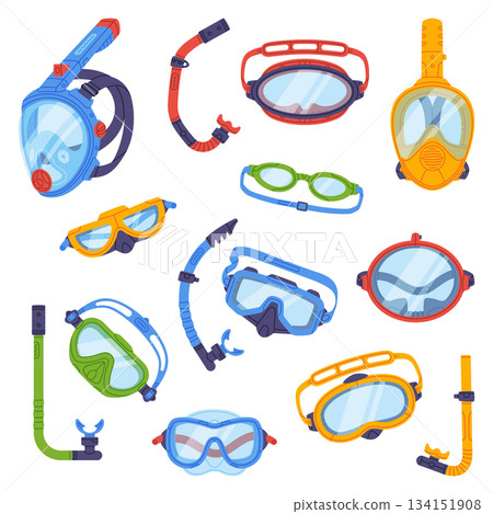 Swimming Mask and Goggles for Diving Underwater Vector Set Swimming Mask and Goggles for Diving Underwater Vector Set 134151908