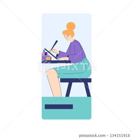 Woman Student Character at Tablet Engaged in Online Education and Study Vector Illustration Woman Student Character at Tablet Engaged in Online Education and Study Vector Illustration 134151918