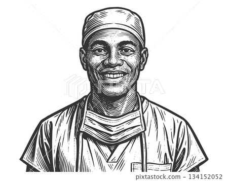 Smiling Surgeon in Scrubs engraving sketch vector 134152052