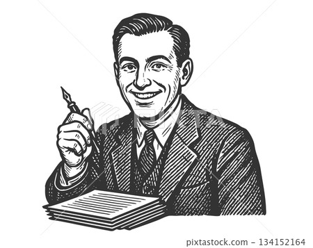 Smiling Male Writer with Pen engraving vector Smiling Male Writer with Pen engraving vector 134152164