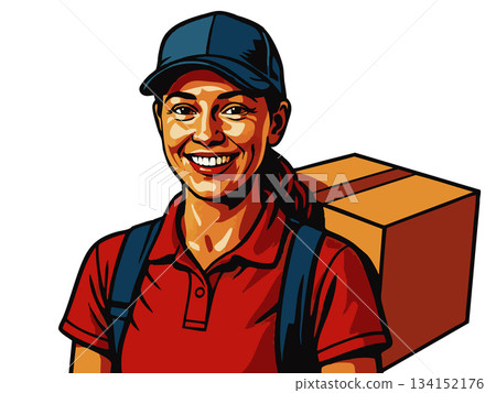 Smiling Delivery Woman Holding Package vector Smiling Delivery Woman Holding Package vector 134152176