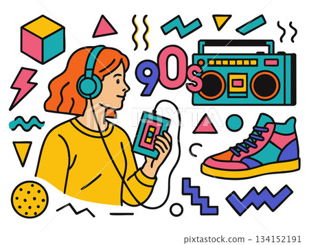 90s Retro Style Icons and Girl Listening to Music 134152191