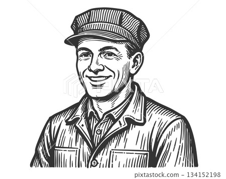 Smiling Train Operator engraving sketch vector Smiling Train Operator engraving sketch vector 134152198