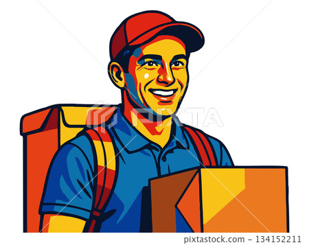 Smiling Delivery Man Holding Package vector 134152211