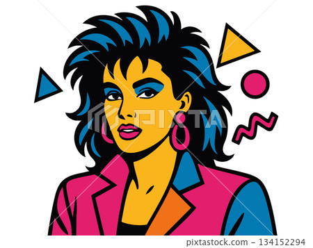Pop Art Portrait of 1980s Woman with Bold Style 134152294