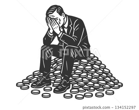 Wealthy Man Crying Pile of Money engraving vector 134152297