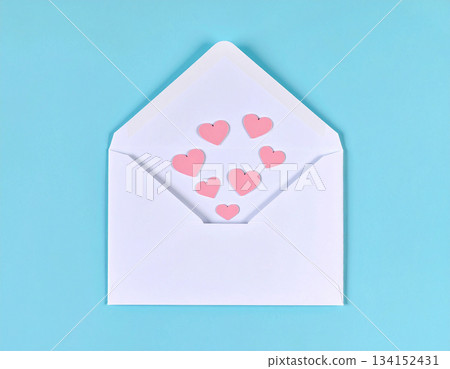 Floating Mail Correspondence. Post envelope with cute red hearts decoration. Valentine's Day concept. Floating Mail Correspondence. Post envelope with cute red hearts decoration. Valentine's Day concept. 134152431