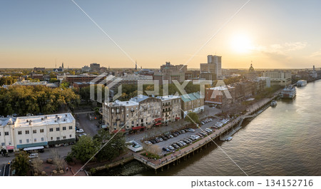 Waterfront River Street in Savannah, Georgia. Historic American architecture of old historical city. USA Southern cityscape at sunset Waterfront River Street in Savannah, Georgia. Historic American architecture of old historical city. USA Southern cityscape at sunset 134152716