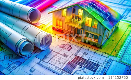 A colorful architectural scene featuring a model house with a rainbow roof, set atop blueprints, adjacent to rolled architectural plans and colorful markers, all illuminated by bright 134152760