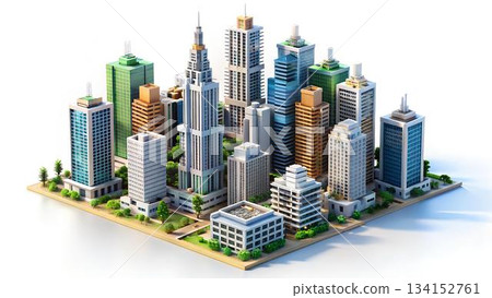 The image displays a meticulously detailed, miniature cityscape featuring diverse architectural styles in muted tones with dashes of color, arranged on a platform against a white 134152761