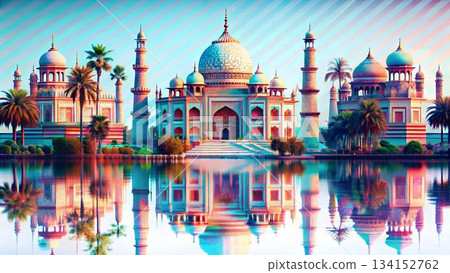 The image shows a vibrant, colorful rendition of the Taj Mahal complex with palm trees, reflected beautifully in the water, under a vivid diagonally striped The image shows a vibrant, colorful rendition of the Taj Mahal complex with palm trees, reflected beautifully in the water, under a vivid diagonally striped 134152762