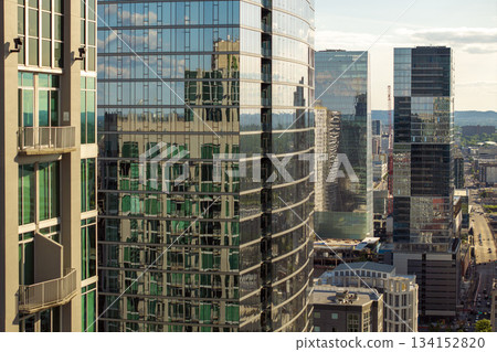 Urban landscape of downtown district of Nashville in Tennessee, USA. Skyline with high skyscraper buildings in modern American city. 134152820