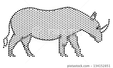 The image shows an illustration of a rhinoceros outlined by evenly spaced black dots, set against a solid white background, creating a unique dotted animal The image shows an illustration of a rhinoceros outlined by evenly spaced black dots, set against a solid white background, creating a unique dotted animal 134152851
