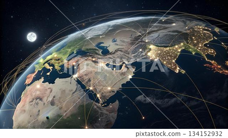 The image shows a depiction of Earth from space with glowing lines connecting various points, illustrating a network with a bright moon in the dark 134152932