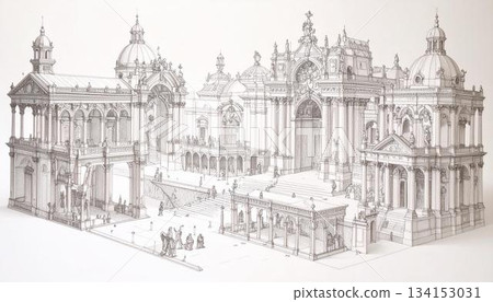 The image showcases a detailed architectural drawing of an elaborate classical building complex with domes, colonnades, and statues, rendered in monochrome with intricate 134153031