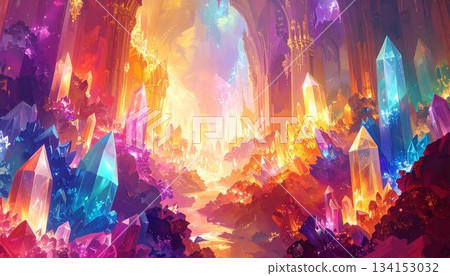 The image showcases a vibrant crystal cavern illuminated by a soft, ethereal glow, featuring tall crystalline structures in hues of orange, purple, and 134153032