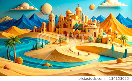 The image shows a stylized, whimsical desert landscape with a yellow cityscape nestled among sandy dunes, turquoise waterways, and a bright blue sky with puffy 134153033