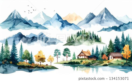 The image showcases a vibrant watercolor landscape with blue-hued mountains under a flock of flying birds, set against lush green trees and two charming cabins nestled near a tranquil The image showcases a vibrant watercolor landscape with blue-hued mountains under a flock of flying birds, set against lush green trees and two charming cabins nestled near a tranquil 134153071