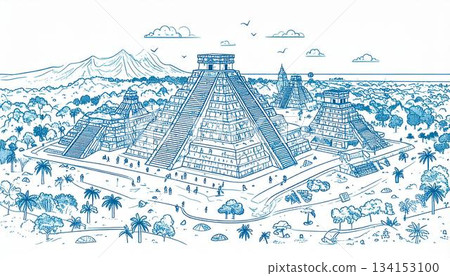 This line art depicts a detailed view of pyramid structures surrounded by lush greenery, with people walking around a city under a partly cloudy sky and distant 134153100