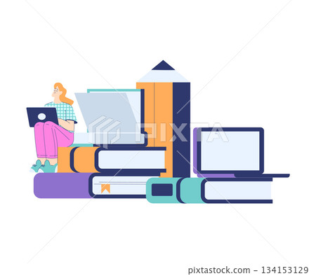 Woman Student Character Sit on Book with Laptop Engaged in Online Education and Study Vector Illustration 134153129