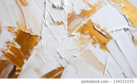 The image showcases a textured abstract painting with thick strokes of white and gold paint, creating a modern and luxurious visual effect indicative of fine 134153153