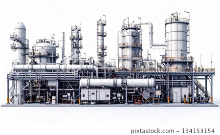 The photo shows a detailed depiction of an industrial chemical plant or refinery, with interconnected pipes, tanks, distillation columns, and extensive support structures for The photo shows a detailed depiction of an industrial chemical plant or refinery, with interconnected pipes, tanks, distillation columns, and extensive support structures for 134153154