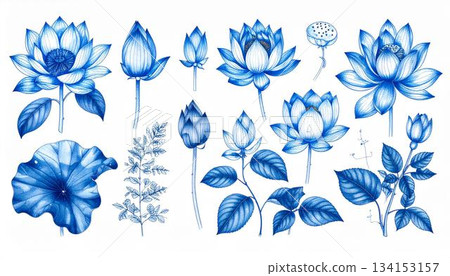 The image showcases an array of blue botanical illustrations, including water lilies, buds at varied stages of bloom, and detailed leaves and stems, all elegantly rendered on a white The image showcases an array of blue botanical illustrations, including water lilies, buds at varied stages of bloom, and detailed leaves and stems, all elegantly rendered on a white 134153157