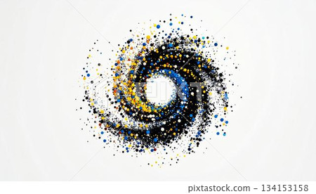 The image showcases an abstract swirl of black, blue, and yellow dots against a white background, creating a dynamic and visually engaging central composition with a vortex-like 134153158