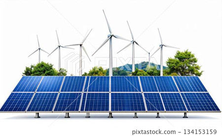 The image shows array of solar panels in the foreground with several wind turbines behind them in a natural environment, illustrating alternative clean energy 134153159