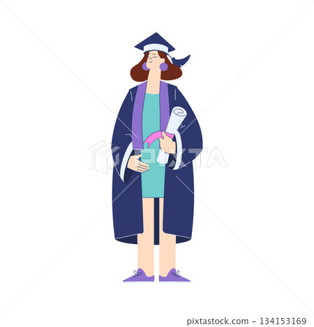 Woman Student Character in Graduation Gown and Hat Enjoy with Diploma Ceremony Vector Illustration Woman Student Character in Graduation Gown and Hat Enjoy with Diploma Ceremony Vector Illustration 134153169