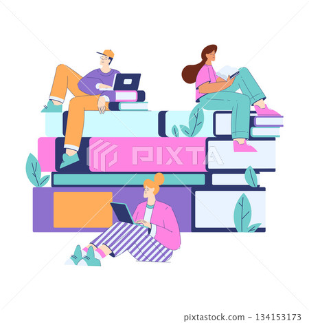 Man and Woman Student Character with Books Engaged in Education and Study Vector Illustration 134153173