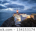 Cape Sao Vicente, Lighthouse and Atlantic Ocean in Evening Twilight. Aerial View. Algarve, Portugal 134153174