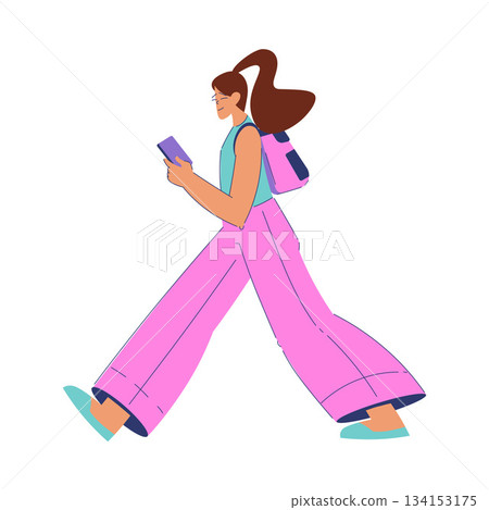 Woman Student Character Walk with Smartphone and Backpack Engaged in Education and Study Vector Illustration Woman Student Character Walk with Smartphone and Backpack Engaged in Education and Study Vector Illustration 134153175