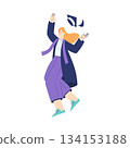 Woman Student Character in Graduation Gown and Hat Enjoy with Diploma Ceremony Vector Illustration 134153188