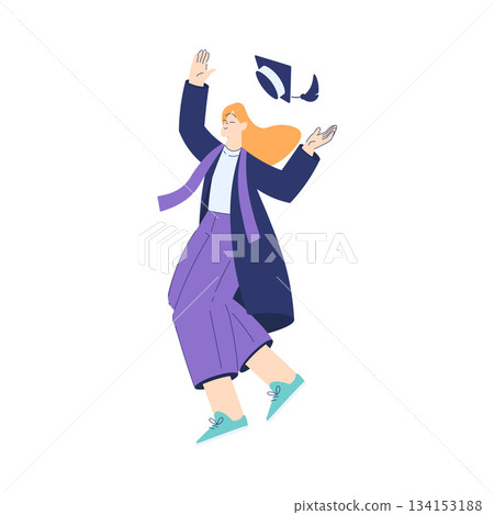 Woman Student Character in Graduation Gown and Hat Enjoy with Diploma Ceremony Vector Illustration 134153188