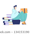 Man Student Character Sit with Book Engaged in Education and Study Vector Illustration 134153190
