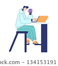 Man Student Character Sit at Laptop Engaged in Online Education and Study Vector Illustration 134153191