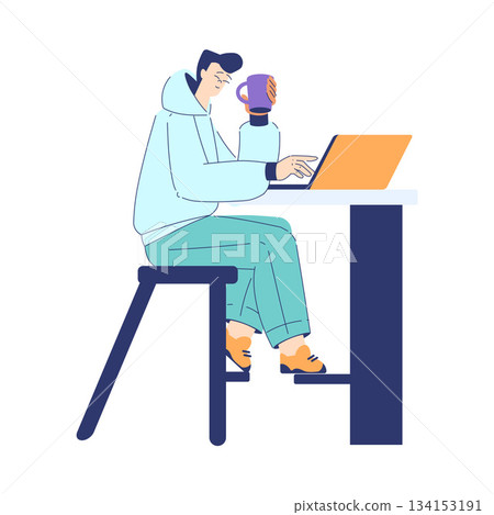 Man Student Character Sit at Laptop Engaged in Online Education and Study Vector Illustration Man Student Character Sit at Laptop Engaged in Online Education and Study Vector Illustration 134153191