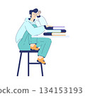 Man Student Character Sit at Table with Book Engaged in Education and Study Vector Illustration 134153193