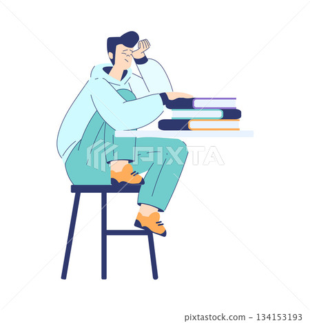 Man Student Character Sit at Table with Book Engaged in Education and Study Vector Illustration Man Student Character Sit at Table with Book Engaged in Education and Study Vector Illustration 134153193