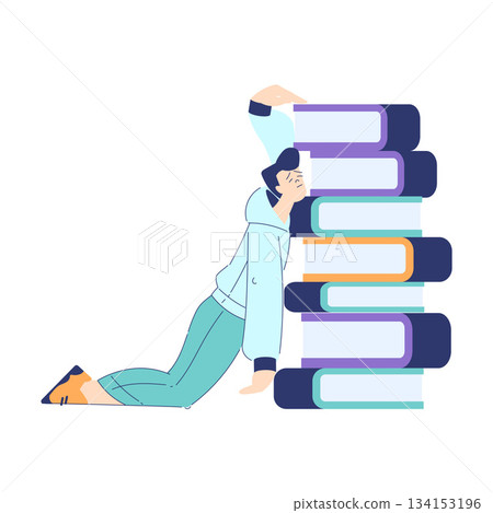 Man Student Character Tired and Exhausted Lean on Book Pile Engaged in Education and Study Vector Illustration 134153196