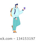 Man Student Character with Backpack and Coffee Engaged in Education and Study Vector Illustration 134153197